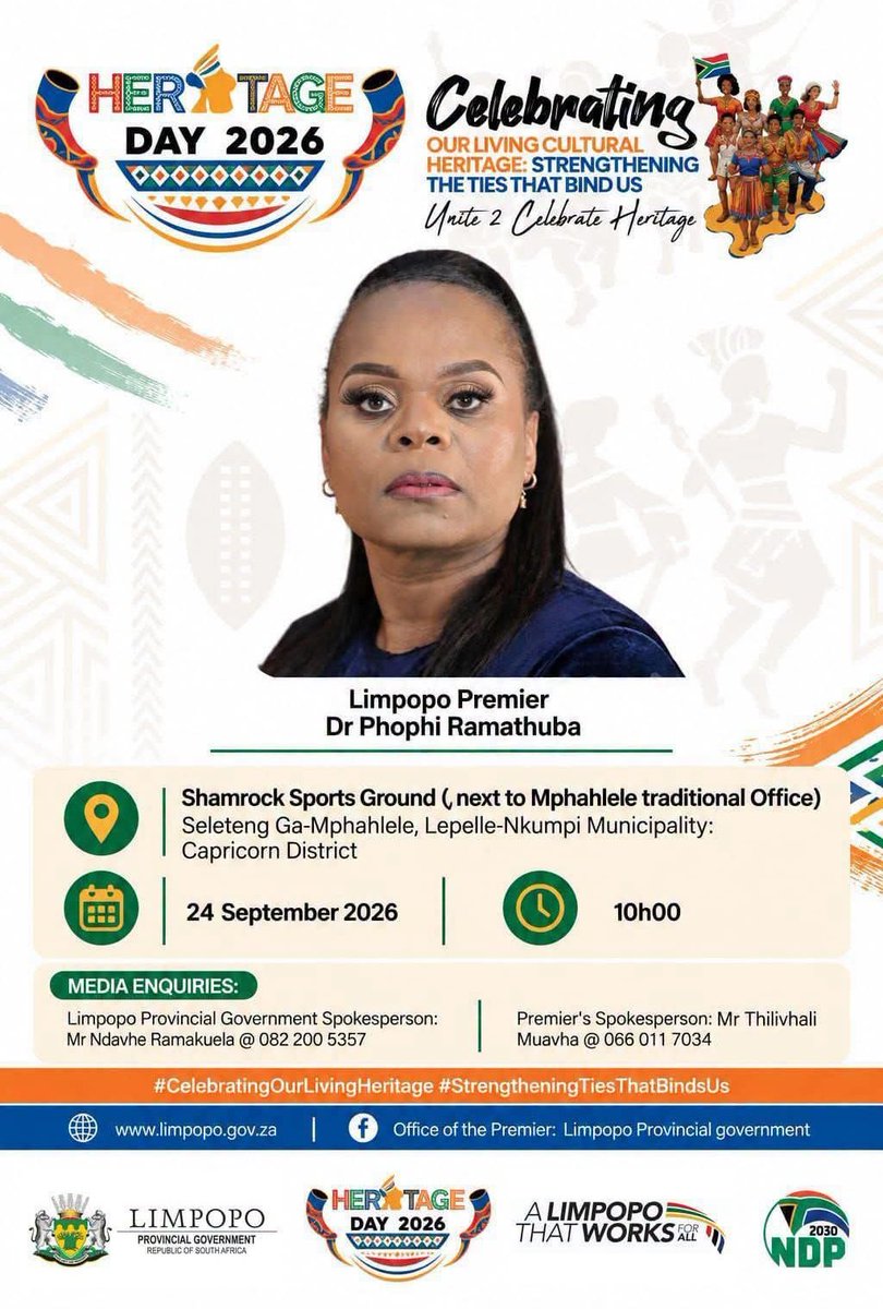 LimpopoDSAC's tweet photo. Heritage day Commemoration,  24 September 2026, Shamrock Sportground , Seleteng, Lepelle Nkumpi Municipality, Capricorn District https://t.co/WiQCyH21kq