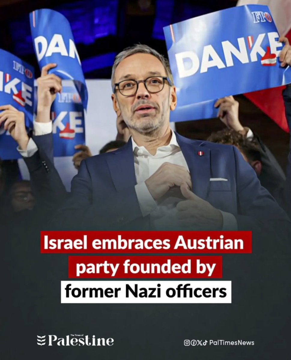 VanessaBeeley's tweet photo. "Israel has signaled an opening toward Austria’s Freedom Party (FPÖ), which was founded in 1956 by former SS officers and members of the Nazi Party, after its leader Herbert Kickl apologized for Austria’s role in the Holocaust and pledged to move his country’s embassy to occupied Jerusalem.

Israeli Foreign Minister Gideon Saar welcomed the remarks, calling them “an important and positive development,” and said Israel was seeking “a substantive, open and frank dialogue” with the party.

Israel had previously formally boycotted the FPÖ because of its Nazi history and ties to far right and neo Nazi networks. In his speech before the European Parliament in Strasbourg, Kickl condemned the October 7 operation, apologized for Austria’s role in the Holocaust, pledged to adopt the International Holocaust Remembrance Alliance’s definition of antisemitism, and referred to the occupied West Bank as “Judea and Samaria.”

Source:  https://t.co/P4OAIZyzwL