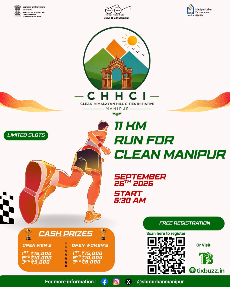 SbmUManipur's tweet photo. The wait is over. We are pleased to announce "11KM - Run for Clean Manipur" under the Clean Himalayan Hill Cities Initiative (CHHCI) Manipur. 
📷 - Free Registration
📷 - Cash Prizes
📷 - Finisher Medal
When - 26th September 2026
Where - City Convention Center, Palace Compound https://t.co/1PXkhQ7dh9