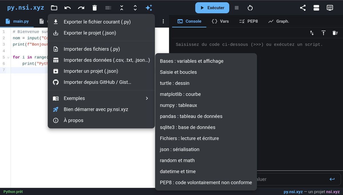nsi_xyz's tweet photo. Un IDE Python en ligne qui s’exécute localement. Pour la NSI, la SNT, les Maths.
En ligne, UI / UX optimisée par un vrai humain. Codé par une IA. 🔗  https://t.co/xDnbOrJq6e https://t.co/V3n0jHyG0l