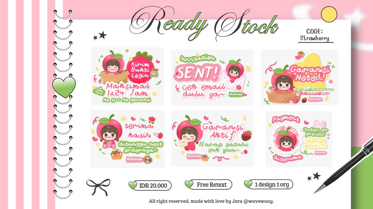 hanfornoah's tweet photo. help repost pls?

hemlo! aku bawa 4 rs STICKER PACK BA (isi 6 sticker/pack), yang siap dibawa pulang 😻💕 yuk angkut stickernya >____<

⭐ get png, add on 3k/sticker
⭐ free retext wm max 2x24 jam
⭐ 1 design untuk 1 orang

20K/pack via QRIS, mention after chat aku <3 #zonauang https://t.co/piDL38l2Gt