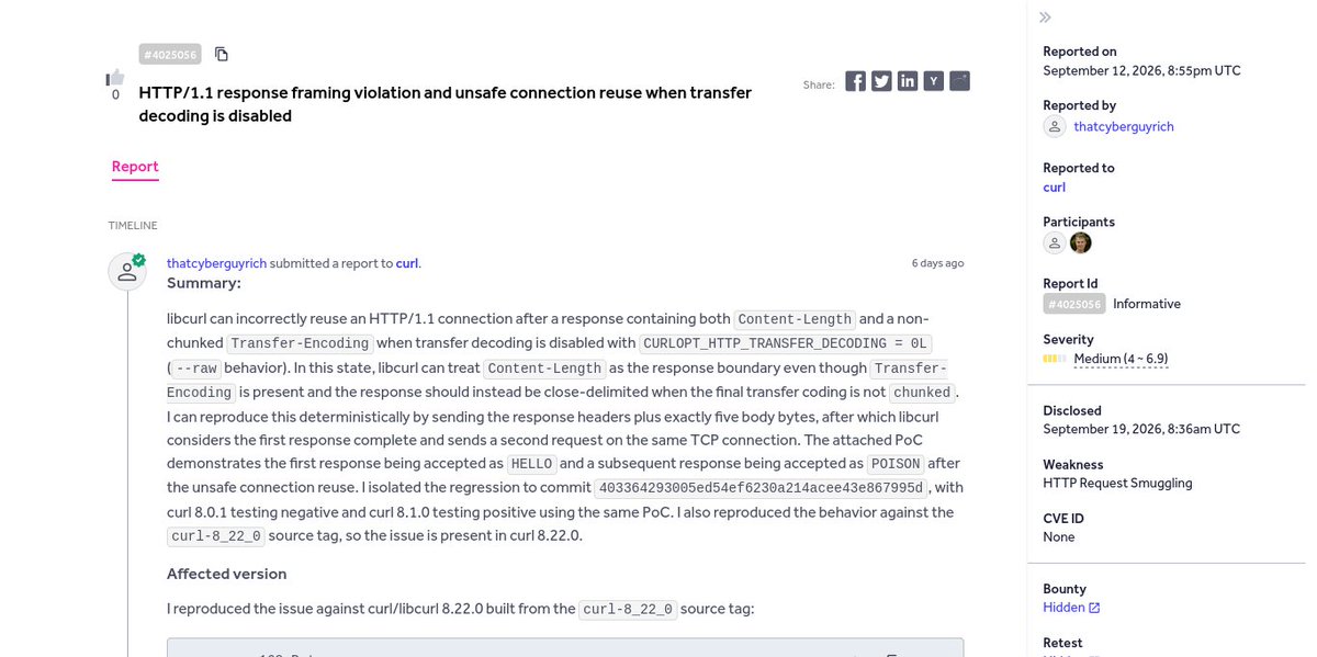 rynosec's tweet photo. ⚡ HTTP/1.1 response framing violation and unsafe connection reuse when transfer decoding is disabled
👨🏻💻 thatcyberguyrich ➟ curl
🟧 Medium
💰 None
🔗 https://t.co/ZmLbEBlcJs
#bugbounty #bugbountytips #cybersecurity #infosec https://t.co/UTSplWrya3