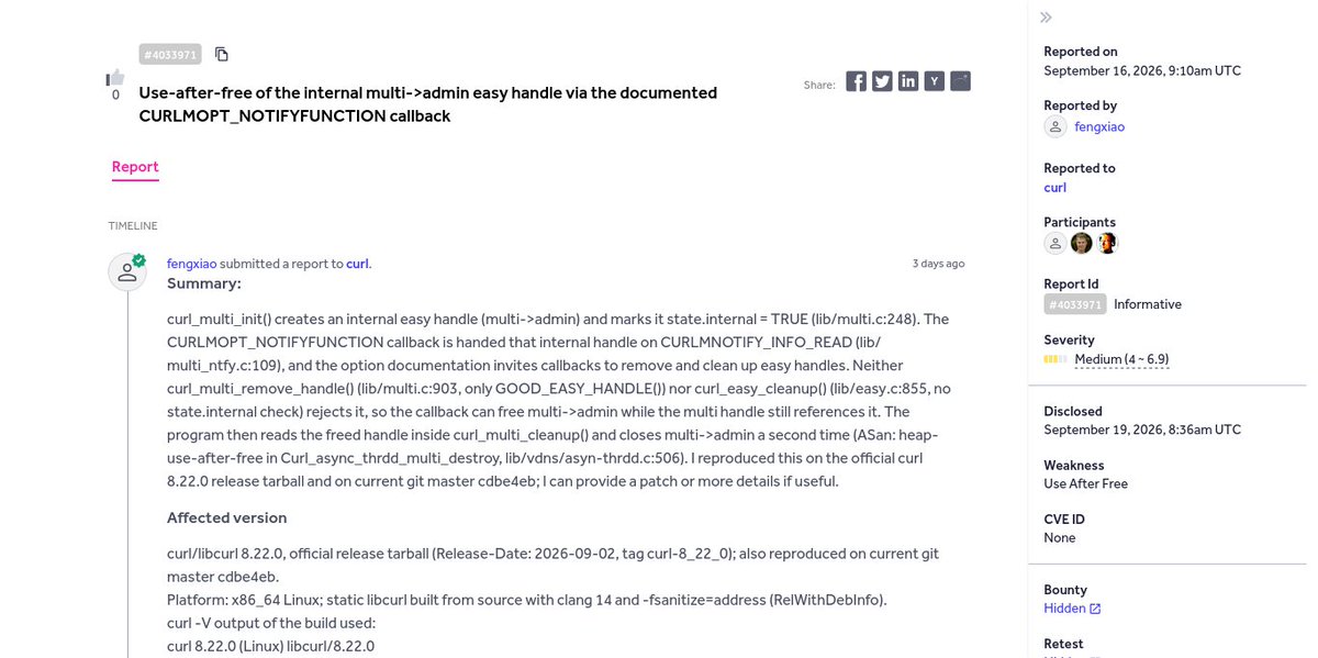 rynosec's tweet photo. ⚡ Use-after-free of the internal multi->admin easy handle via the documented CURLMOPT_NOTIFYFUNCTIO...
👨🏻💻 fengxiao ➟ curl
🟧 Medium
💰 None
🔗 https://t.co/p5BJtmezk3
#bugbounty #bugbountytips #cybersecurity #infosec https://t.co/eJEa9oNpZR