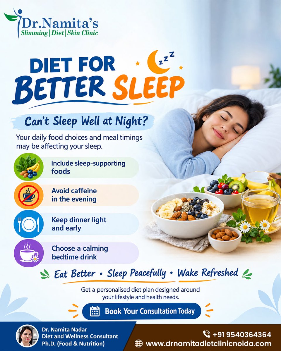 DrNamitaNadar's tweet photo. Better sleep can start with better food choices. ๐ฝ๐ค
๐ฅ Sleep-friendly foods
โ Less evening caffeine
๐ฝ Early, light dinner
Eat better. Sleep better. Wake refreshed. โจ
๐ +91 9540364364
.
.
#BetterSleep #SleepNutrition #NutritionTips #HealthyLifestyle https://t.co/q6lF73Jscf