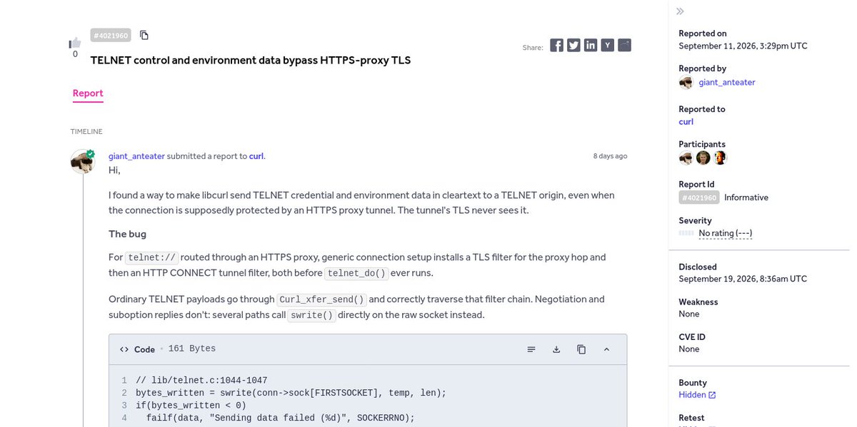 rynosec's tweet photo. ⚡ TELNET control and environment data bypass HTTPS-proxy TLS
👨🏻💻 giant_anteater ➟ curl
⬜ None
💰 None
🔗 https://t.co/o4TCJMe3xN
#bugbounty #bugbountytips #cybersecurity #infosec https://t.co/X6Z3sj96Ug