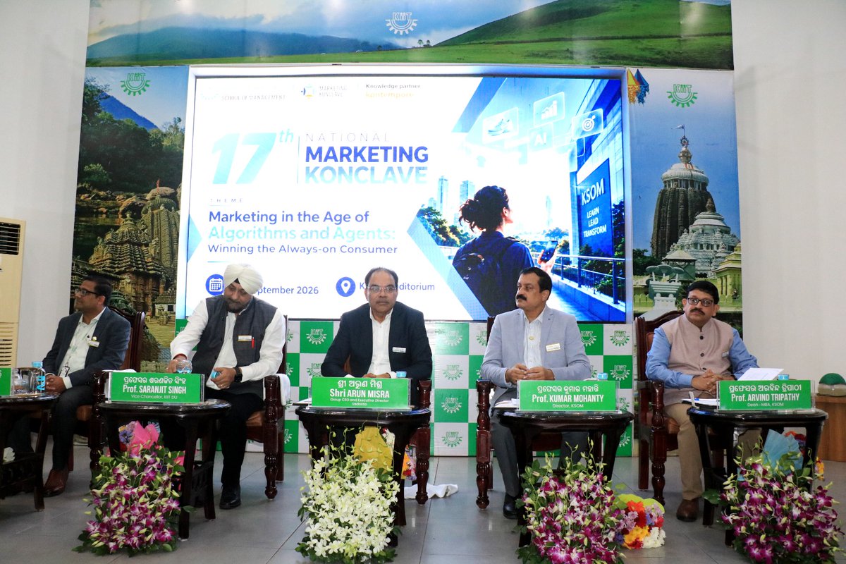 ksombbsr's tweet photo. The 17th National Marketing Konclave is being held at KIIT School of Management, bringing together eminent industry leaders and marketing professionals from diverse sectors to share insights, experiences, and perspectives.

Prof. Arnav Pati, Convener of the Marketing Konclave, extended a warm welcome to the distinguished guests and introduced the dignitaries.

Prof. Kumar Mohanty, Director, KSOM, delivered the Welcome Address, followed by Prof. Saranjit Singh, Vice–Chancellor, KIIT DU, who provided an insightful overview of the Marketing Konclave and its significance while elaborating on the theme, “Marketing in the Age of Algorithms and Agents: Winning the Always-On Consumer.”

#ksombbsr #marketingconclave #ksomkonclave #kiitmba @arnavpati @mkumar68805115 @Saranjit72
