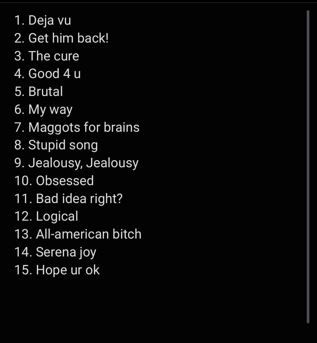 abysss404's tweet photo. My top 15 Olivia rodrigo songs https://t.co/VJKbodj5Ow