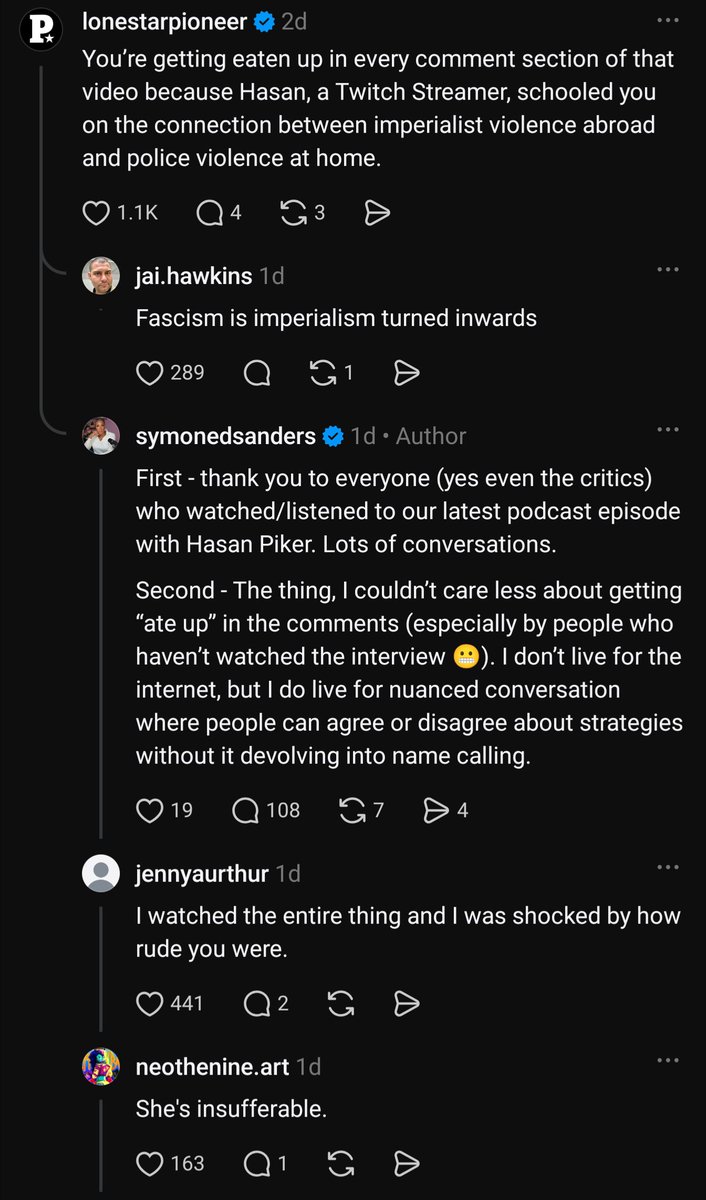 Sarnix93's tweet photo. Was looking through Threads and a post Symone Sanders regarding @hasanthehun came up. And I gotta say, it fills me with hope to see the pushback in the comments. People from all walks of life showing solidarity. 🥹 https://t.co/LLeSssDGv7