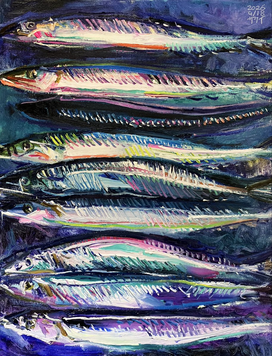 fly_3's tweet photo. 「秋刀魚」
2026年
F6（41cm×31.8cm）
油彩、キャンバス https://t.co/XGZGhkXg3B