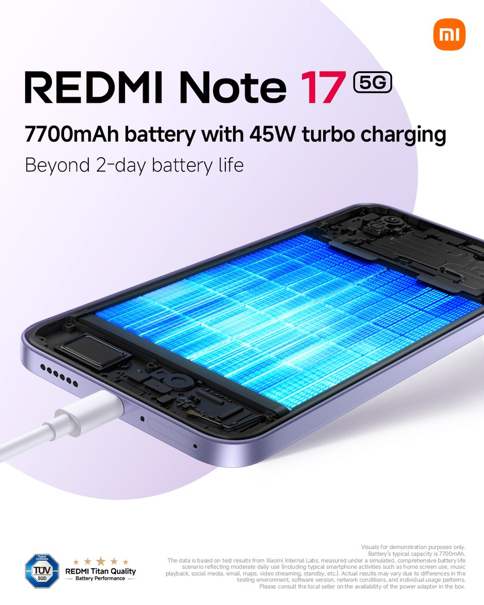 XiaomiIndonesia's tweet photo. Go longer. Charge smarter.

Dengan baterai 7700mAh dan 45W turbo charging, #REDMINote175G siap nemenin aktivitas kamu hingga lebih dari 2 hari tanpa ada drama cari colokan.

Mau ngerasain hape yang on terus sampai 2 hari? Yuk, langsung ke di Official Store Xiaomi Indonesia atau partner resmi kami lainnya!

#REDMINote17Series
#REDMINote17SeriesID
#TitanPowerGoMax
#XiaomiIndonesia