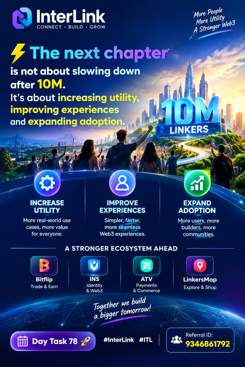 Sahitya1618's tweet photo. Day 78
⚡ The next chapter is not about slowing down after 10M. It’s about increasing utility, improving experiences and expanding adoption.
Day Task 78 🚀
#InterLink #ITL
Referral ID: 9346861792 https://t.co/fIjIwiTsUN