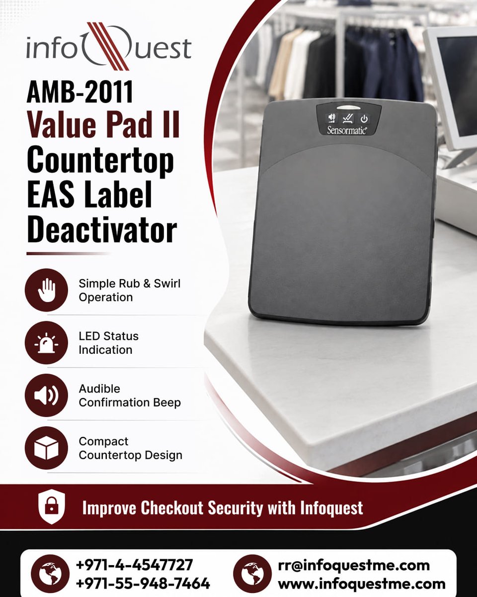 InfoquestDubai's tweet photo. Protect your retail environment with dependable EAS solutions from InfoQuest.
π +971-4-4547727, 55-948-7464
π https://t.co/L8G7bcqjea
#InfoQuest #RetailSecurity #EASSystem #LabelDeactivator #CheckoutSecurity #RetailTechnology #StoreSecurity #Sensormatic #RetailSolutions #UAE https://t.co/u5T7Nfwrwy