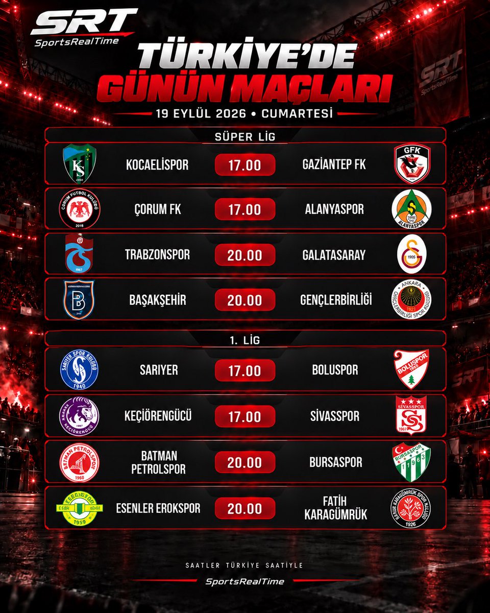 SportsRTime's tweet photo. ⚽ Bugün futbol takvimi dolu dolu!

🔸 Türkiye ve Avrupa liglerinden günün maçlarını ülke ülke derledik.
🔸 Ligler, eşleşmeler ve Türkiye saatleri görsellerde. Kaydırarak incele! 👉

💬 Bugün hangi maçı bekliyorsun?

#SRT #SportsRealTime #GününMaçları #Futbol https://t.co/0TP3vygUmb