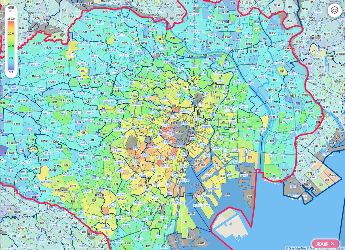 choo_s's tweet photo. 東京23区ほぼ全域の家賃相場マップ（町域単位） https://t.co/NXXvpxe1L3