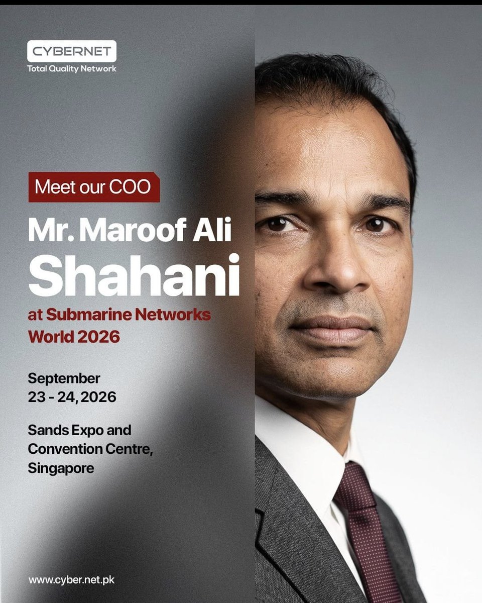 fizsyed's tweet photo. Great to see #Cybernet COO Mr. Maroof Ali Shahani representing Pakistan at Submarine Networks World 2026. #TelecomLeader #Cybernet #SingaporeExpo #SubseaCable #TechInnovation https://t.co/ooHBnTlVN8