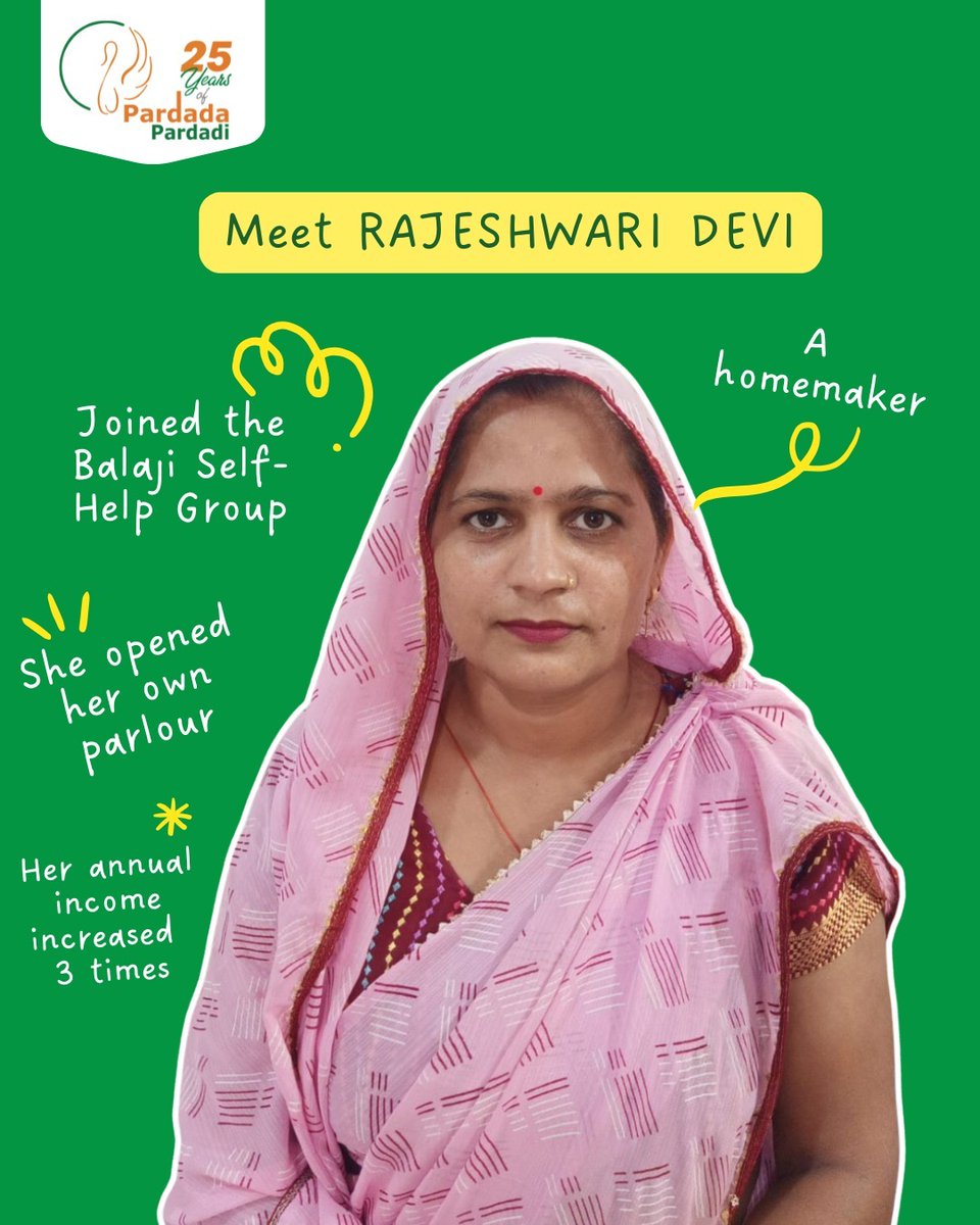 PardadaPardadi's tweet photo. Rajeshwari Devi joined the Balaji Self-Help Group in 2021, her family's income was barely enough to make ends meet. She took a ₹1,00,000 SHG loan and turned her dream of owning a beauty parlour into reality.

Today, her annual income has nearly tripled. Read More https://t.co/8TdIGyNBn1