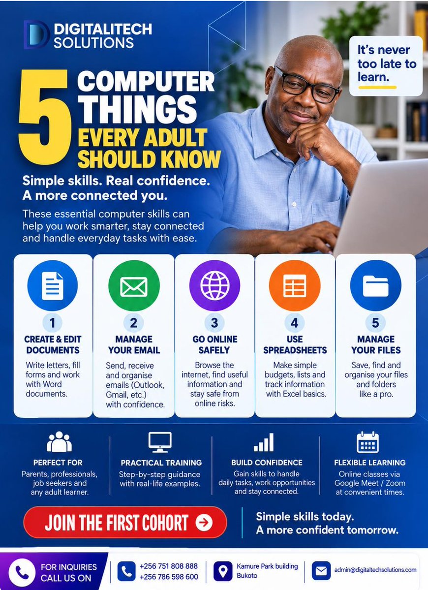 DigitaliTechug's tweet photo. Simple skills today, a more confident tomorrow. Sign up for our first cohort now! 🖥️
#ComputerSkills #DigitalSkills #TechEducation #Uganda https://t.co/Ly93TT9YoI