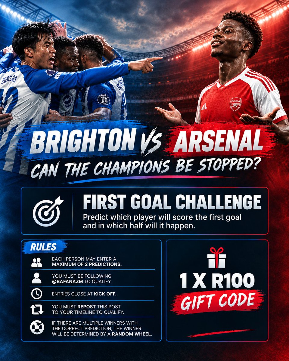 BafanazM's tweet photo. 🔵⚪ Brighton vs Arsenal 🔴⚪

CAN THE CHAMPIONS BE STOPPED? 🏆

All you need to do is predict who will score the first goal and which half it will happen in, and you could win yourself a R100/5K NGN @SportyBet gift code!

✅ RT this post and follow me to qualify
✅ Only comments on this post will be accepted.

Get those predictions in below 👇🏾