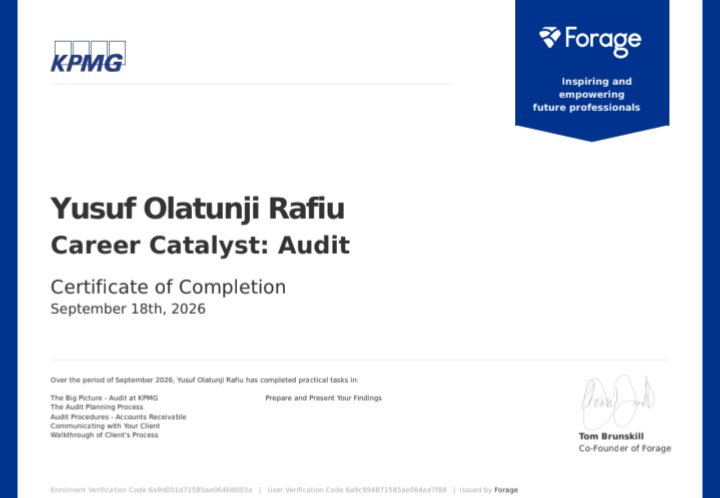 rytunji's tweet photo. I have been curious about how audit tasks are performed at the big four accounting firms. Reading about the firms online didn't give me enough satisfaction. The insights from KPMG audit job simulation on the forage was valuable. https://t.co/U1ZVnxMc4c