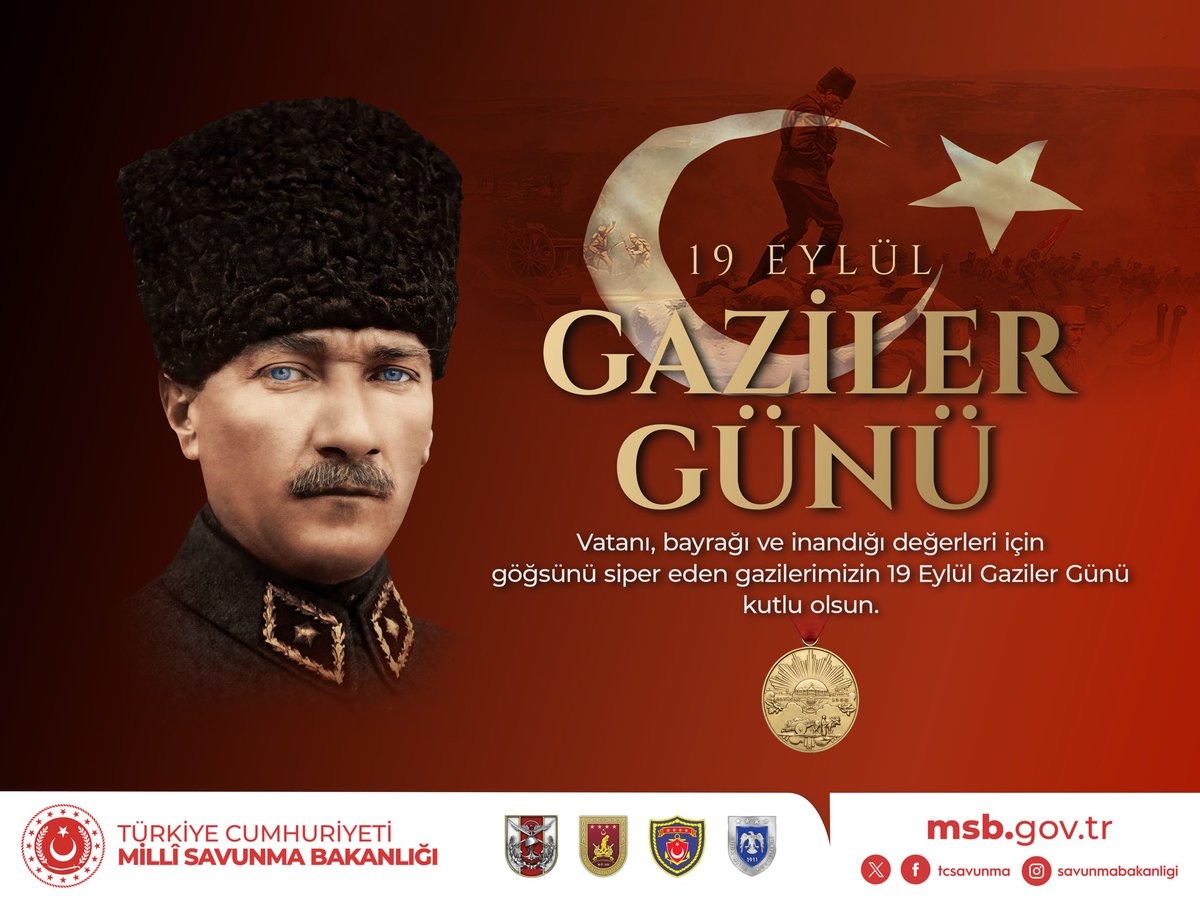 TSKGnkur's tweet photo. Gazilik; vatan sevgisinin, fedakârlığın ve sarsılmaz iradenin en şerefli nişanıdır. 19 Eylül Gaziler Günü’nü kutluyoruz. 🇹🇷

Başta Başkomutanımız Gazi Mustafa Kemal Atatürk olmak üzere ebediyete irtihal etmiş gazilerimize Allah’tan rahmet, hayattaki gazilerimize de sağlıklı ve mutlu uzun ömürler diliyoruz. 🇹🇷

#GazilerGünü
#TürkSilahlıKuvvetleri
#MillîSavunmaBakanlığı