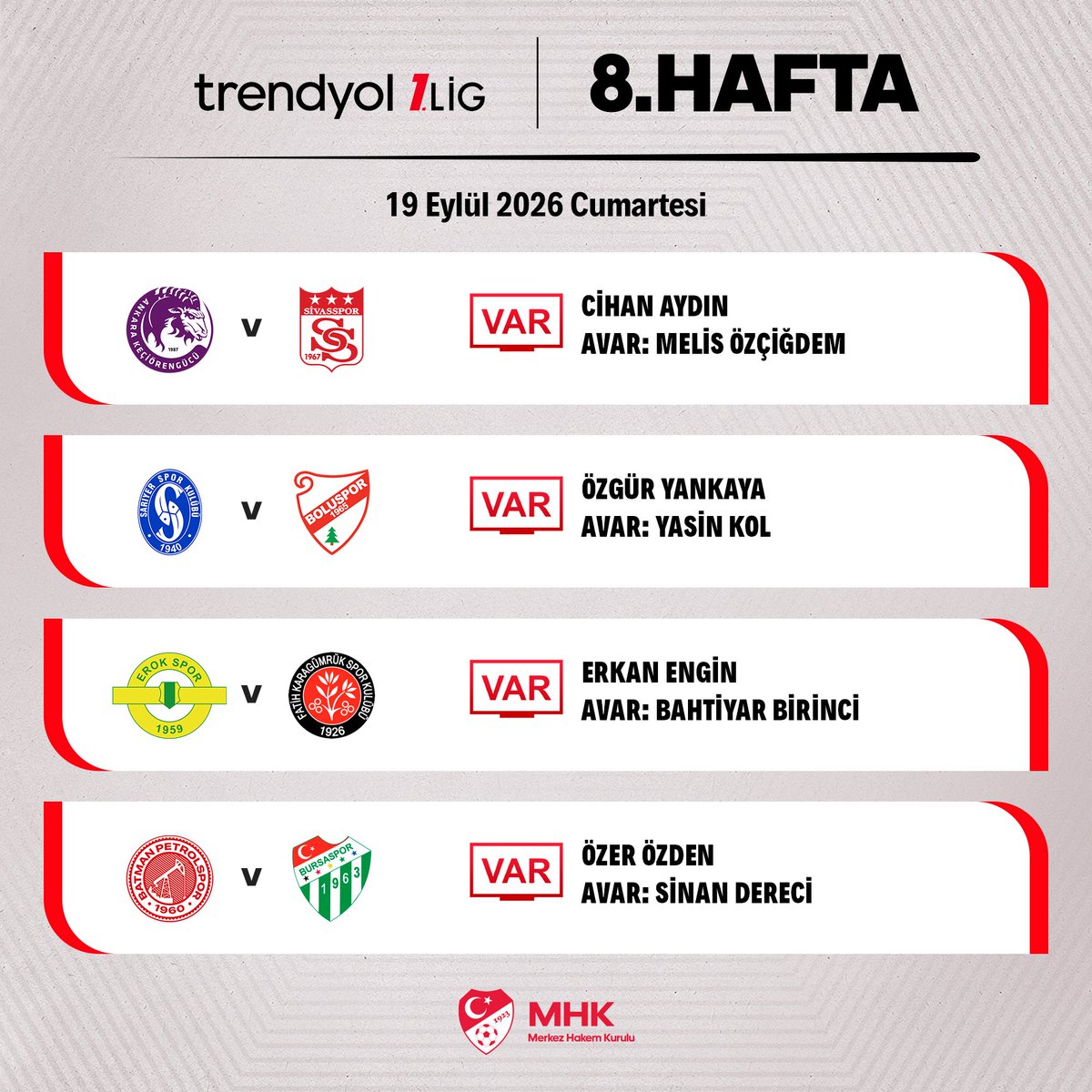 MHK_Resmi's tweet photo. Trendyol 1. Lig’de bugün oynanacak maçların VAR ve AVAR hakemleri belirlendi. https://t.co/P1HRCCcbqN