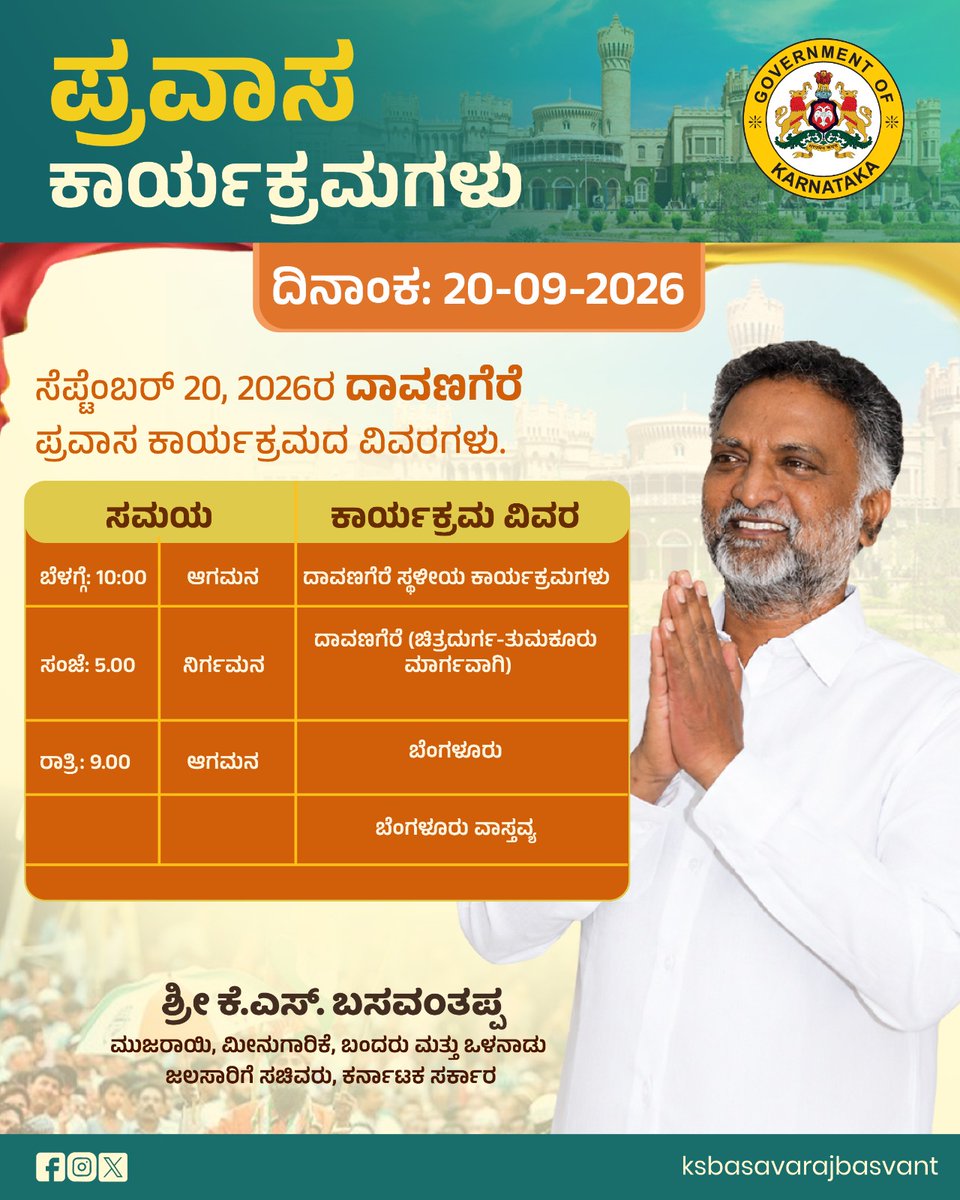 KSBasavanthappa's tweet photo. ನಾಳಿನ ಕಾರ್ಯಕ್ರಮದ ವಿವರಗಳು . [ 20-09-2026 ]
#KSBasavanthappa #MinisterBasavanthappa #KarnatakaGovt #KarnatakaCongress #Davanagere #Mayakonda https://t.co/TVJp0hOeBR