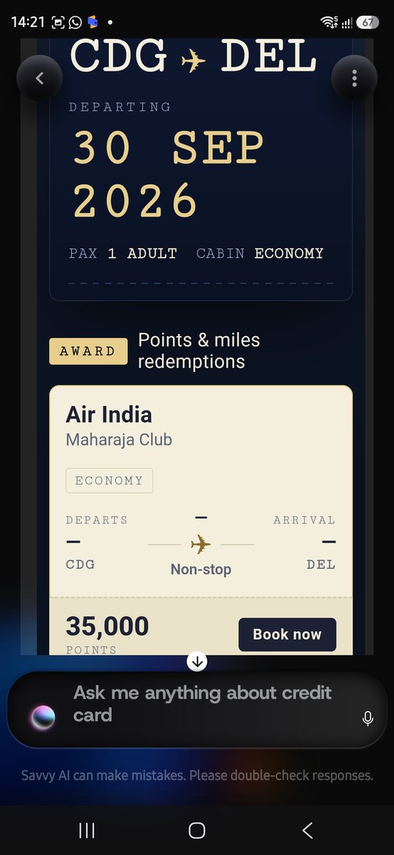 vinay_seth's tweet photo. @savesage_club 
Such a useless app functions. Just looting people in the name providing solutions. Rubbish, Garbage. Just paid and found it's bogus
App shows 35k maharaja points needed for cdg-del 30 sep. AI shows 60k points required for same
What a waste of money
Don't Subscribe https://t.co/GAyeLSFMpE