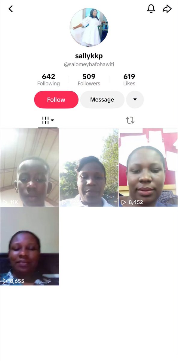_Fiifi_Sage's tweet photo. This is the TikTok page of the nurse who is being persecuted to appease John Mahama and his wife.

It's obvious she is an innocent woman living a simple life and not much into social media to even talk of politics. 

She has just 4 videos on her page and 8 reposts from other accounts mostly animations.