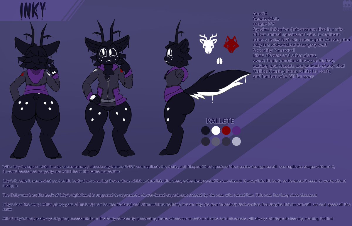 Inkdingus's tweet photo. I am EXTREMELY EXCITED to finally show my ref sheet of my fursona of the same name this was done by the amazing @teddydoeslewd he done a fantastic job creating this and I can't thank him enough for this first ever art ref sheet (nsfw pics in the comments) https://t.co/rApZX4Z1Z0
