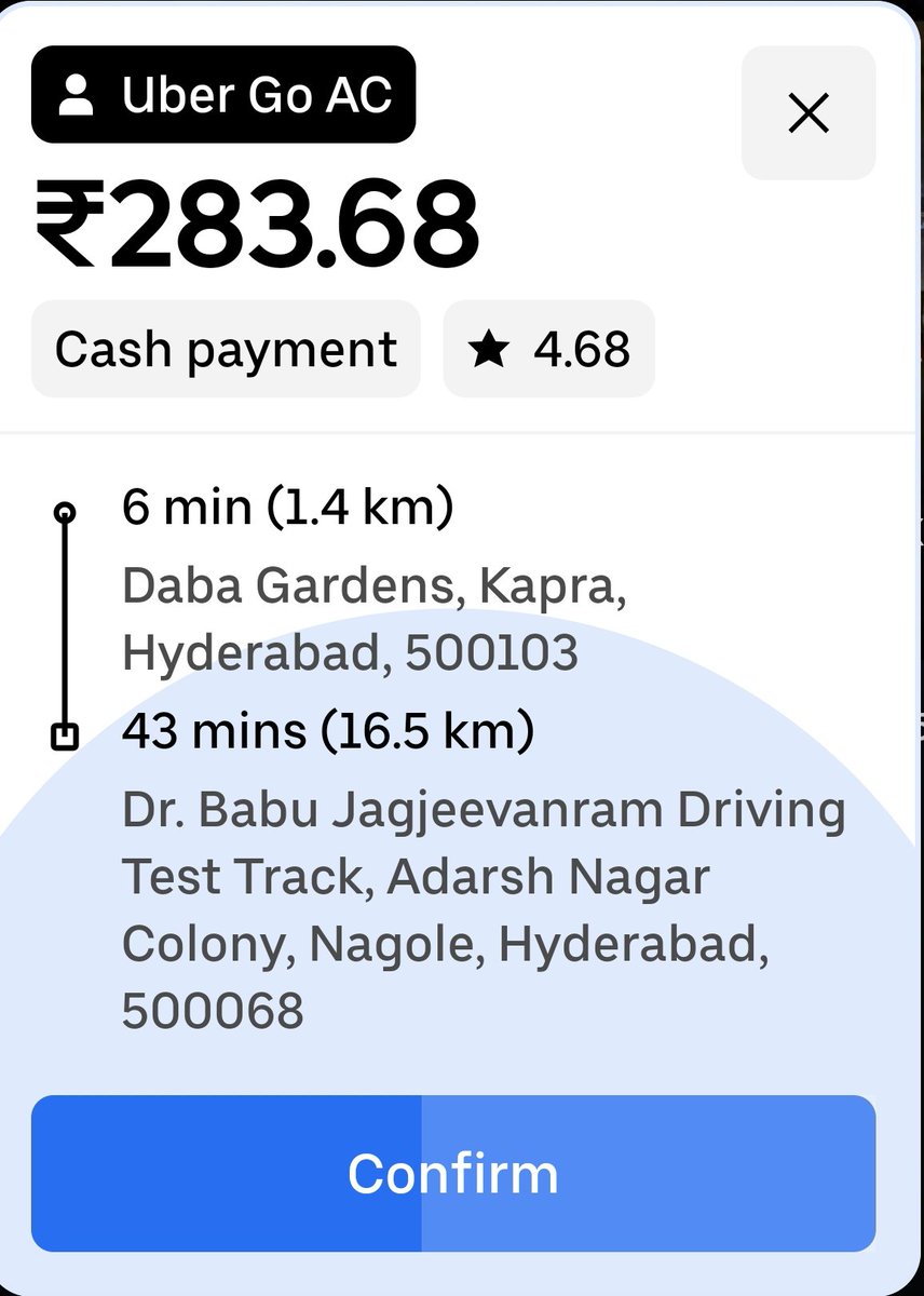 Dasaripn's tweet photo. @uber @Uber_Support @Uber_HYD @cmo_telangana @Ponnam_INC Uber,what's going on with fares.R u thinking the CAB AC is equal to Auto.Even Autos also won't go with these fares.
Dear TG Govt,pls find d attached fares what Uber is https://t.co/kzXWjB7NhZ u promised pls look into this. https://t.co/g8pl6vupzz