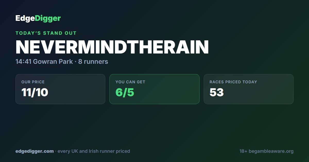 EdgeDigger's tweet photo. Nevermindtherain for us today, 14:41 at Gowran Park. We make 11/10 fair value, you can currently get 6/5.

Every runner ranked and rated: https://t.co/es4PKbFbvt https://t.co/HSfBBLOb87