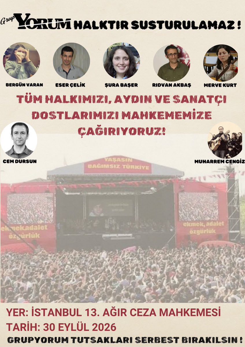 sendikaumut_'s tweet photo. Tutsak Grup Yorum emekçilerinin mahkemesi var.

Müziğin ve halkın sesi susturulamaz. Tutsak Grup Yorum emekçileri serbest bırakılsın!

📍 İstanbul Adliyesi / 13. Ağır Ceza Mahkemesi
🗓️ 30 Eylül 2026 https://t.co/qp9D3U5ptD
