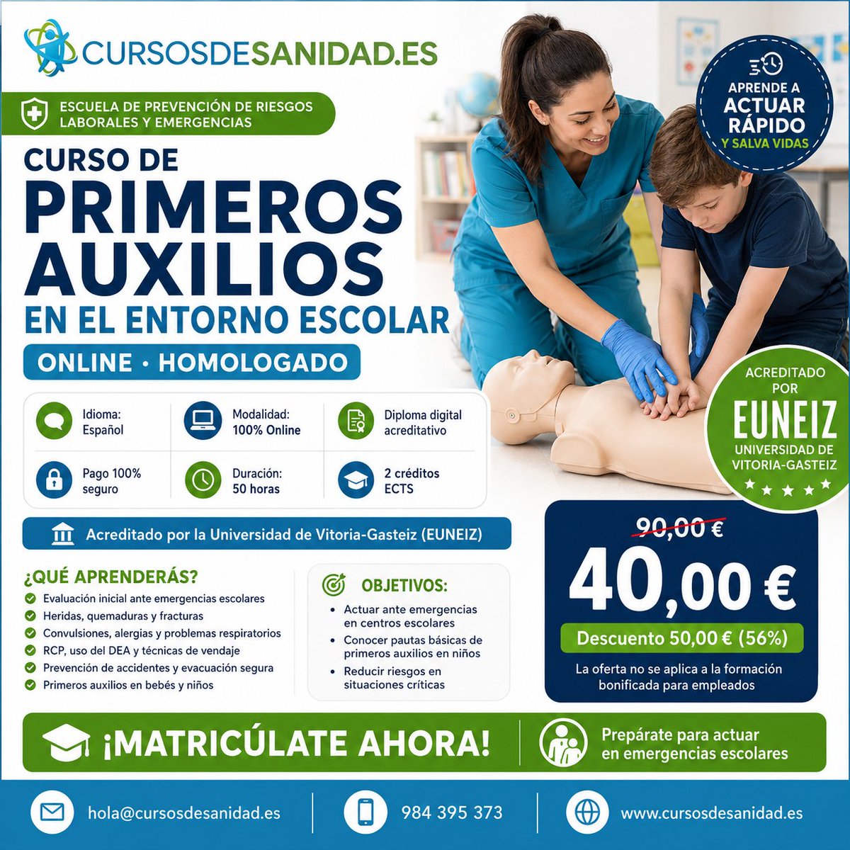 cursosdesanidad's tweet photo. 🚑 Protocolos de actuación inmediata ante emergencias escolares en el curso de primeros auxilios en el entorno escolar homologado por EUNEIZ

https://t.co/5cqGoMlIGt https://t.co/VnaGO3utjI