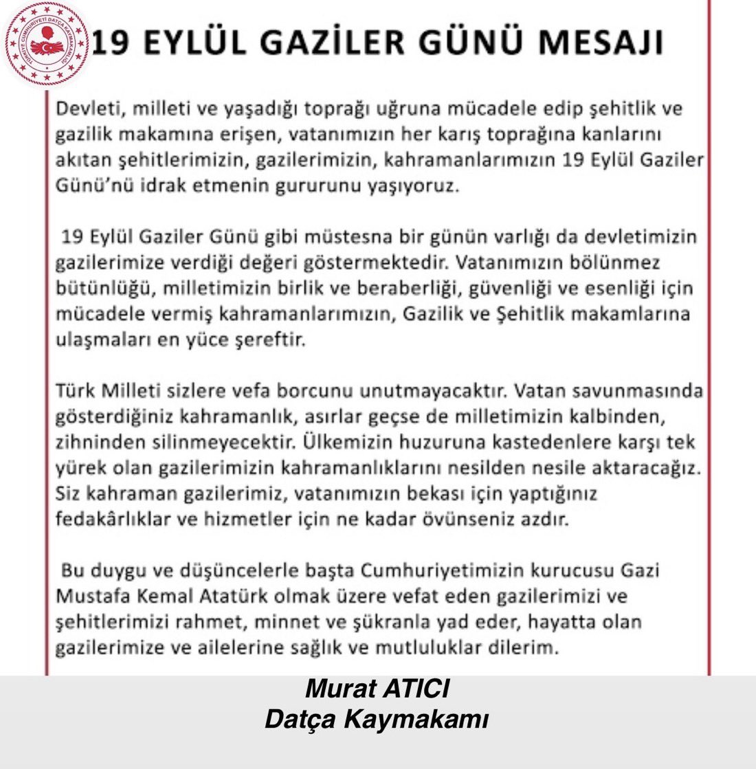 datcakaymakam's tweet photo. Kaymakamımız Sn. Murat ATICI’nın Gaziler Günü Mesajı https://t.co/DBfM5LyBO0