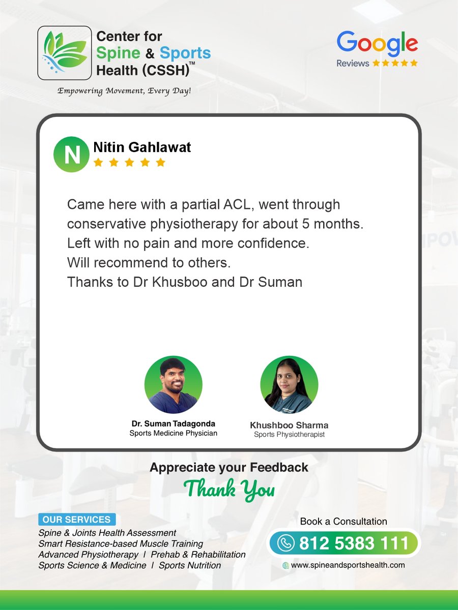 CSSH25's tweet photo. A partial ACL injury doesn’t always mean surgery.

Here is a Google review by Nitin Gahlawat on how he recovered from an ACL injury with 5 months of Conservative Physiotherapy.

#ACLRecovery #ACLRehabilitation #Physiotherapy #KneeRehabilitation  #CSSH https://t.co/MptbfZSxui