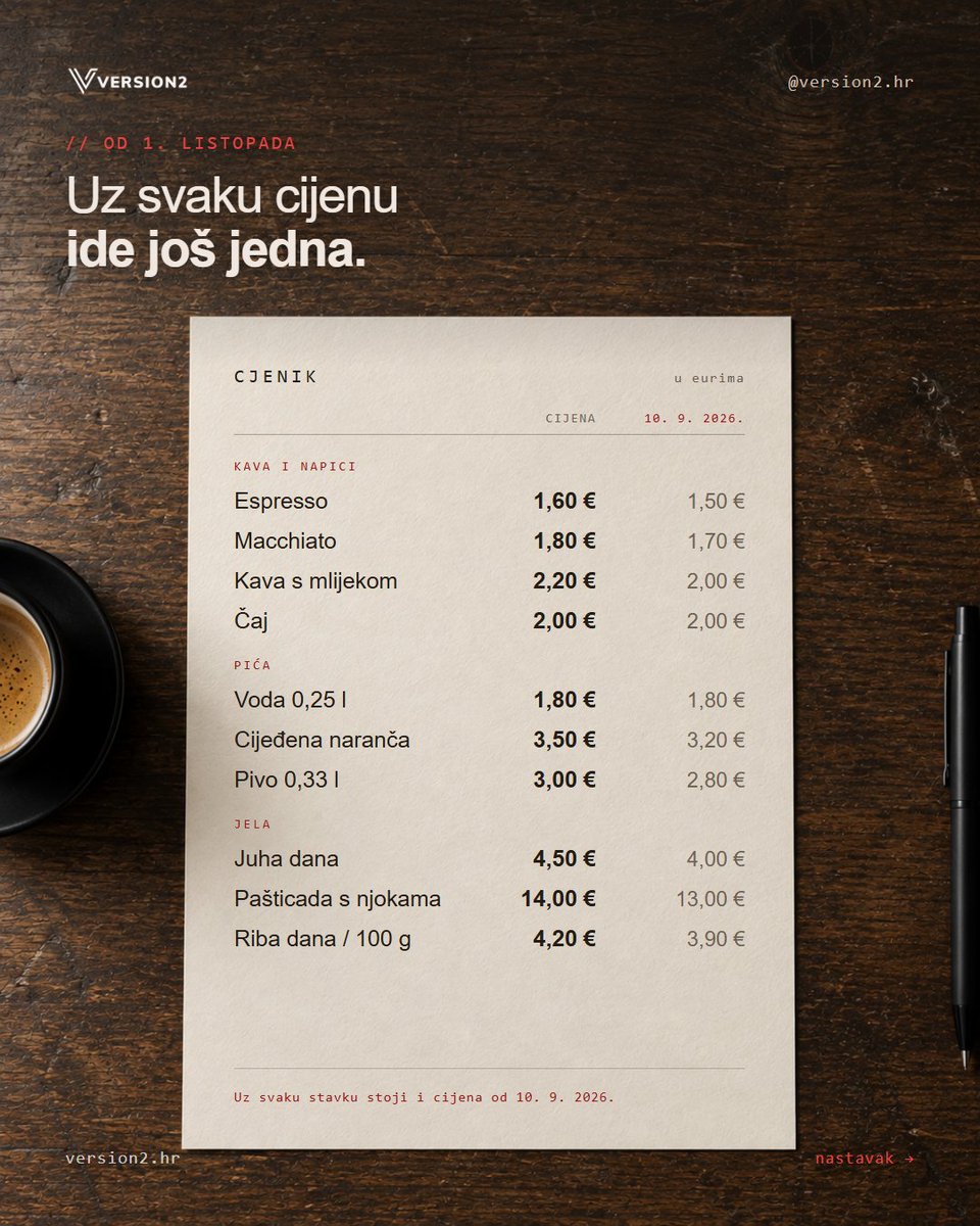 Version2hr's tweet photo. Od 1. listopada uz svaku cijenu mora stajati i ona koja je vrijedila 10. rujna. Tko ima web, objavljuje cjenik u .csv ili .xml, ažurira ga do 8 ujutro i čuva 30 dana. Odluke su u NN 101/2026.

cijene obrtnici version2hr https://t.co/IbCy4ePucf