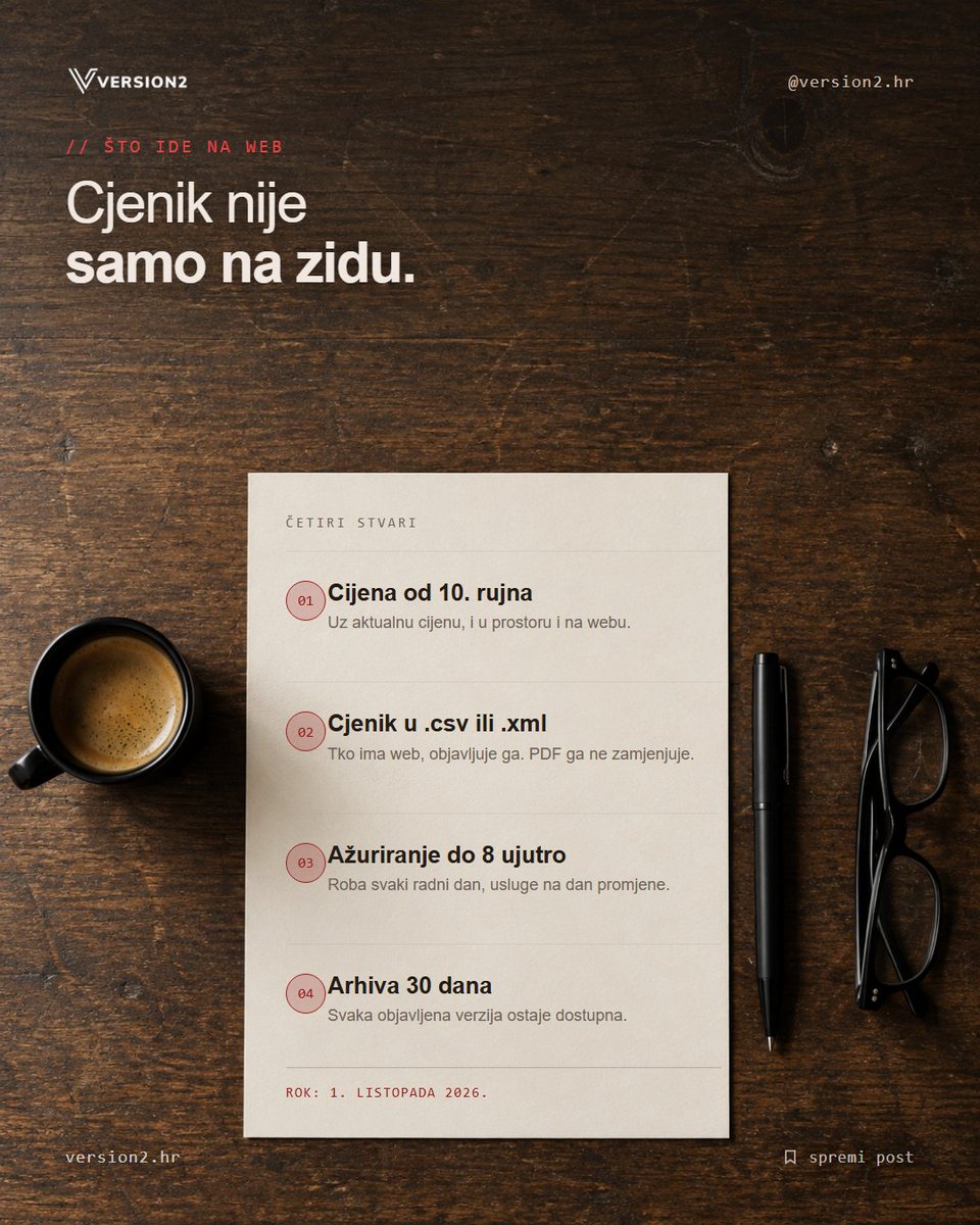 Version2hr's tweet photo. Od 1. listopada uz svaku cijenu mora stajati i ona koja je vrijedila 10. rujna. Tko ima web, objavljuje cjenik u .csv ili .xml, ažurira ga do 8 ujutro i čuva 30 dana. Odluke su u NN 101/2026.

cijene obrtnici version2hr https://t.co/IbCy4ePucf