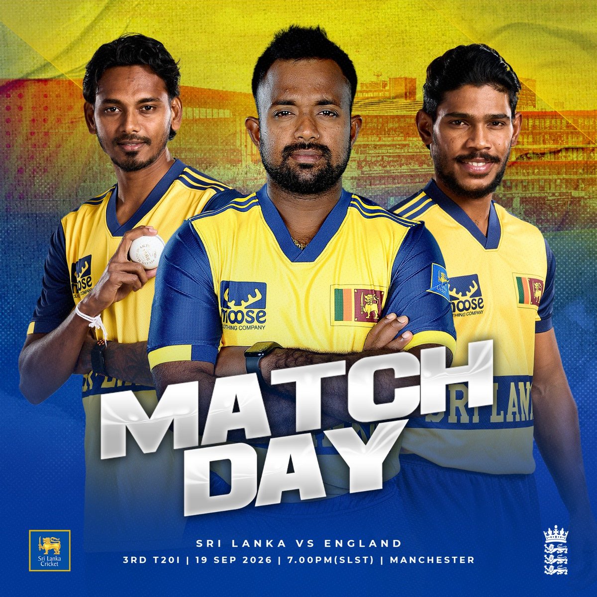 OfficialSLC's tweet photo. Match Day in Manchester! 🔥 The Lions take on England in the 3rd &amp; final T20I today. 

⏰ 7:00 PM SLST | 📍 Old Trafford 

#ENGvSL #SriLankaCricket https://t.co/qxtYIP23IH