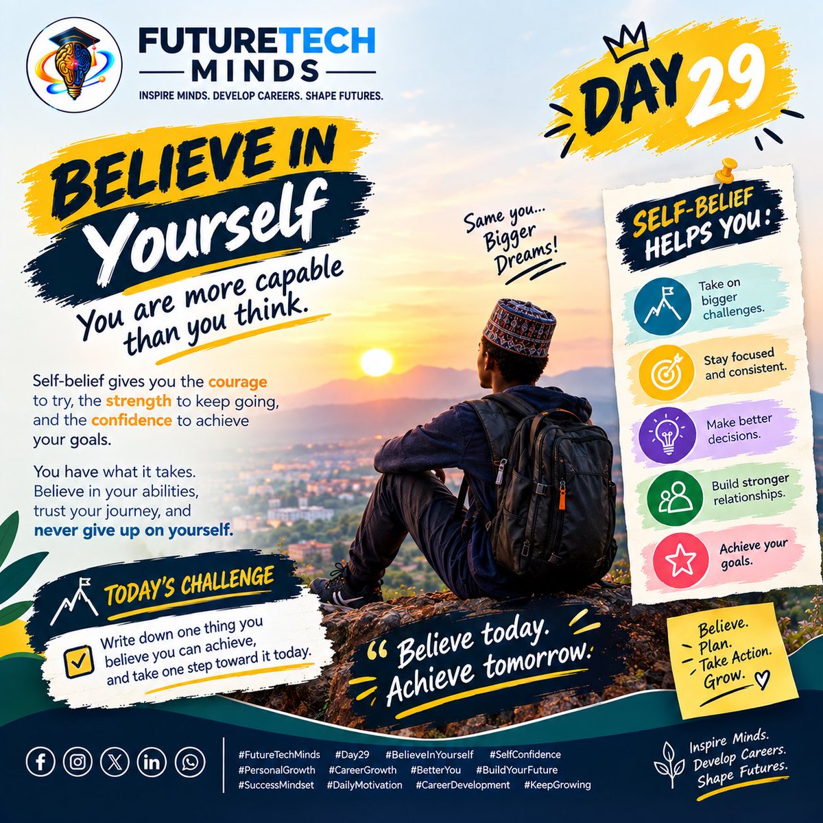 Future_Techmind's tweet photo. DAY 29 — SELF-BELIEF

BELIEVE IN YOURSELF.

You are capable of more than you think.

Self-belief gives you the courage to try, the strength to keep going, and the confidence to pursue your goals.

Trust your abilities. Trust your journey. Never give up on yourself.

#BelieveInYou https://t.co/36p0XM7jCP
