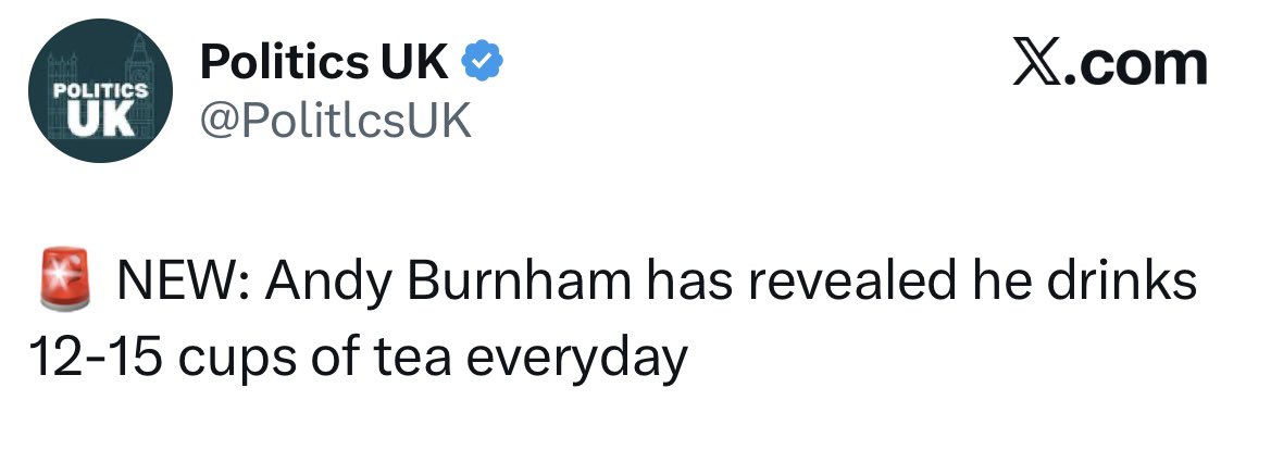 MichaelTakeMP's tweet photo. Andy Burnham.
Drinks 12-15 cups of tea a day?
Ha!
What a wimp.
When we Conservatives were in power Nadine Dorries was drinking 12-15 bottles of vodka a day.
 😊💪 https://t.co/mKyUv5eOXb