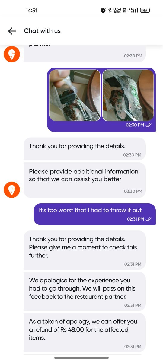 stake_sagafb's tweet photo. @SwiggyCares @Swiggy i ordered 2 brownies and a icecream it's in offer . I ordered it it was too worst icecream it's like spoilt and brownies were burnt. I literally have to throw them . When I complaint about it . They r saying we can give 48 ruppe refund . What should I do https://t.co/caKaAmwtjk