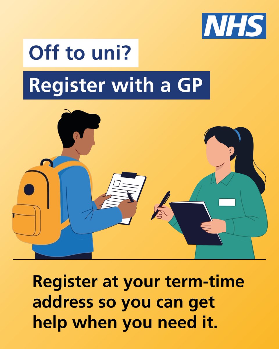NHSuk's tweet photo. Starting uni? Don’t forget to register with a GP near your term-time address.

That way, you’ll have access to healthcare when you need it — whether it’s for check-ups, prescriptions or unexpected illness.

It’s quick and easy to register.

➡️ https://t.co/oZPktTJez7 https://t.co/HZVvh7zcSU