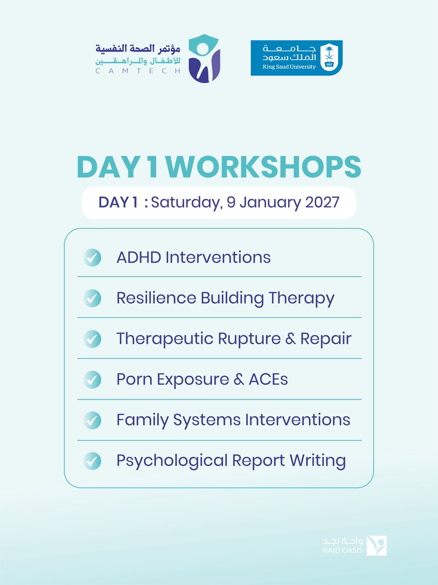 Najd_oasis's tweet photo. At CAMTECH 2027, we explore a range of scientific topics and key themes that reflect the latest developments in child and adolescent mental health, creating a space for meaningful dialogue on advancement, innovation, and modern approaches to delivering mental health services.

📍 الموقع: جامعة الملك سعود – الرياض KSU, Riyadh
📅 التاريخ: 9–10 يناير 2027 | 9-10 January

🔗رابط التسجيل Registration link:https://t.co/E37RMOVOUD

#CAMTECH #MentalHealth #KSU #NajdOasis