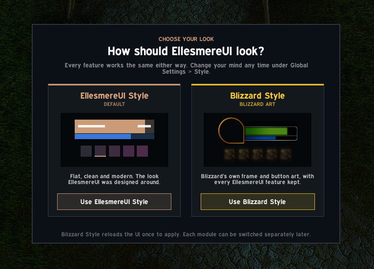 EllesmereGaming's tweet photo. Announcing EllesmereUI Blizzard Styled Modules

Live with next patch on both Retail and Forever, EllesmereUI can now have every major module visually styled like default Blizzard UI but with full EllesmereUI customizability/functionality. For new players, this popup (first image) will show after your first install. You can later change this setting per module in the global settings -> style tab.

Also, EllesmereUI Forever launches today!! Patch either around 12:30pm EST or 8pm EST depending on how internal testing goes while I sleep😴
