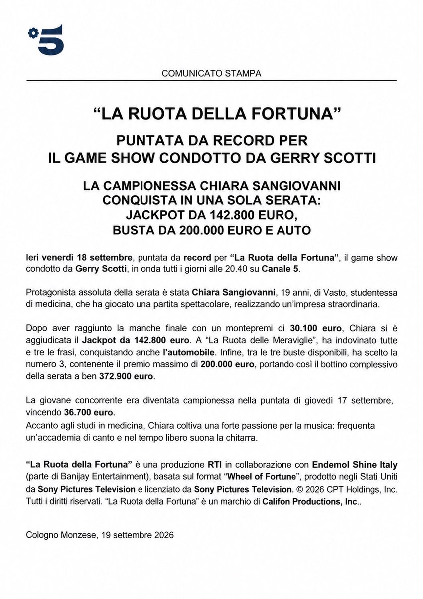 QuiMediaset_it's tweet photo. #LaRuotadellaFortuna, puntata da record per il game show condotto da @Gerry_Scotti. 
La campionessa Chiara Sangiovanni conquista in una sola serata: jackpot da 142.800 euro, busta da 200.000 euro e auto. https://t.co/4XCbFOZgcp