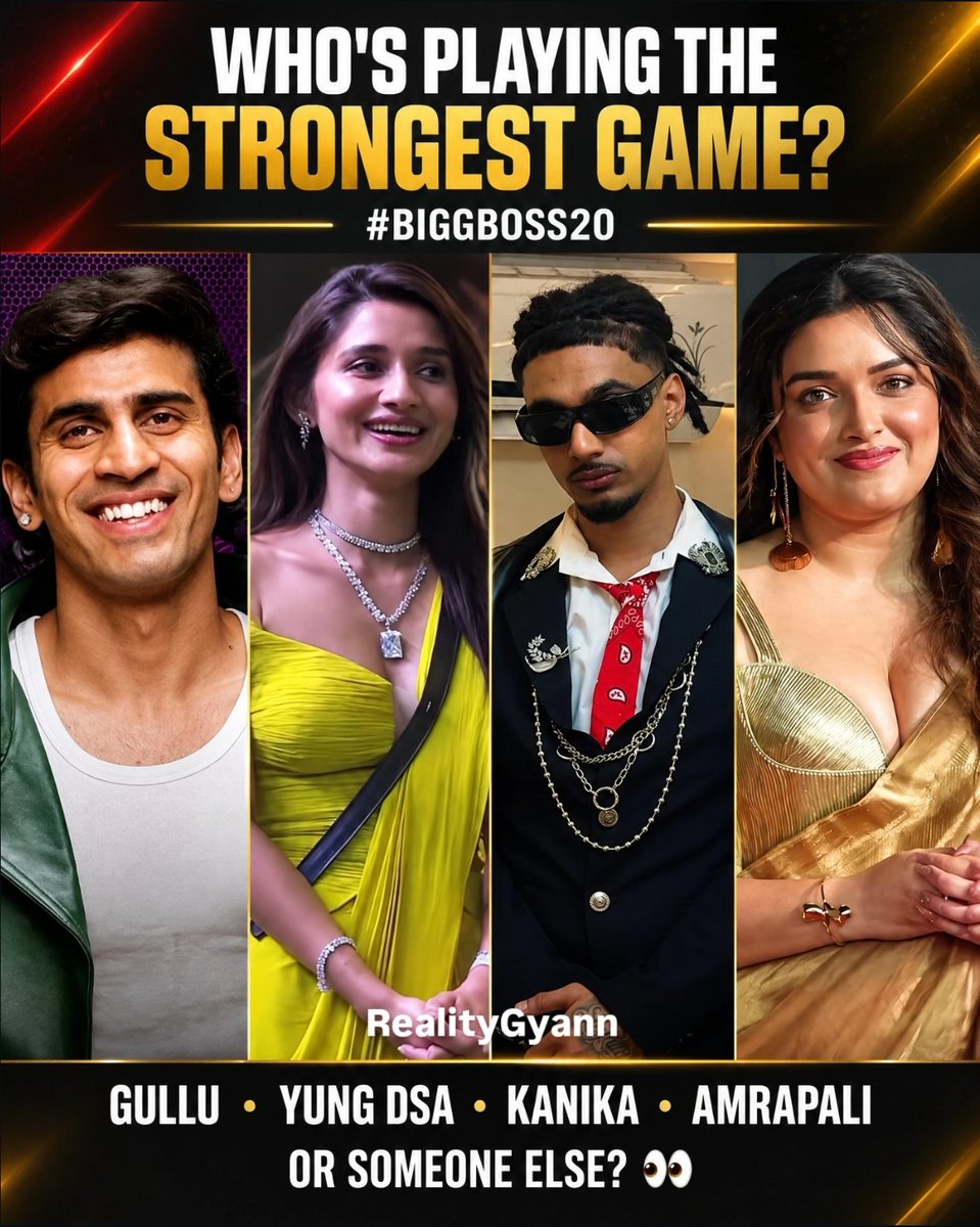 realitygyann's tweet photo. Who is currently playing the strongest game in #BiggBoss20 — Gullu, Yung DSA, Kanika, Amrapali, or someone else? 👀

#Kushaltanwar #kanikamann #amarpalidube #yungdsa #bb20 https://t.co/6MzmWG9bn1