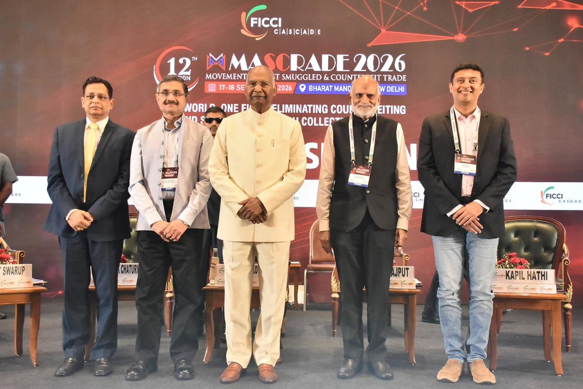 cbic_india's tweet photo. Shri Vivek Chaturvedi, Chairman, CBIC, delivered a Special Address at #MASCRADE2026, organised by FICCI on September 17–18 in New Delhi, on the theme “One World, One Fight: Eliminating Counterfeiting and Smuggling through Collective Action.” He highlighted that combating illicit trade is essential for protecting market integrity, safeguarding consumers, supporting legitimate industry and securing the economic interests of the nation.
He underscored the importance of technology-driven enforcement, including the Government’s initiative to deploy non-intrusive scanning systems with advanced image analytics and Artificial Intelligence, with phased expansion to eventually scan every container arriving at major ports.
👉Shri Ram Nath Kovind, Hon’ble Former President of India, delivered the Inaugural Address on the occasion. The Hon’ble Former President, along with Shri Vivek Chaturvedi and other dignitaries, also released the FICCI-KPMG Study on Illicit Trade in India: Economic Impact, Enforcement Challenges and the Path Forward.