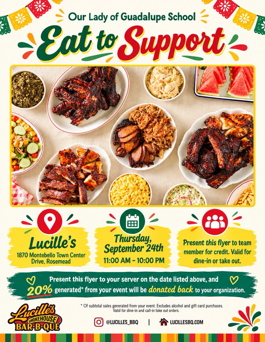 OLGLionsLA's tweet photo. Lucille’s fundraiser. Enjoy delicious BBQ while supporting OLG! We look forward to seeing you there. https://t.co/tHluTV9PgH