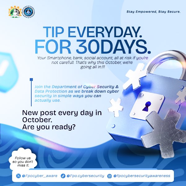 Fpocyber_aware's tweet photo. October is almost here! 🔐

Get ready for 30 Days of Cybersecurity Tips — one tip every day to help you stay safe online. 🛡️

Stay tuned. Stay alert. Stay cyber safe!
#CyberAwareness #CyberSecurityTips #StayCyberSafe https://t.co/Jl5wVWTlq0