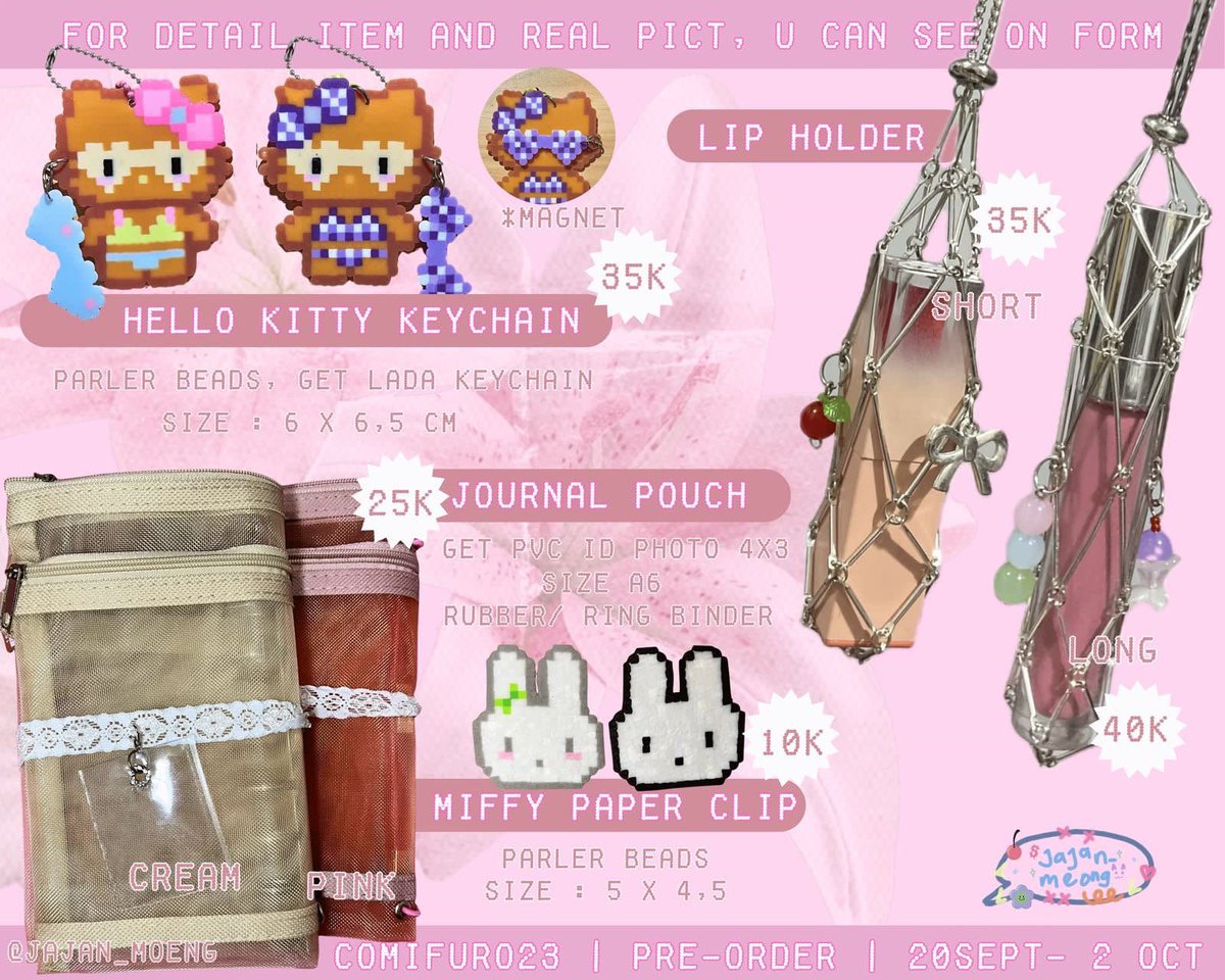 jajan_meong's tweet photo. ❤️/ RT r appreciate
#CF23 PRE ORDER
🗓️ 20 SEPT - 2 OCT 2026
🪽Booth TBA
📦Pickup both days & mail order
📷 Detail products on form
🔗 https://t.co/oubnu4UqgF
Rosette, hello kitty, miffy, lip holder, pouch jurnal, hand made
🪽Any quotation? pls DM
#cf23catalog #comifuro23 https://t.co/KQ73pdyBPN